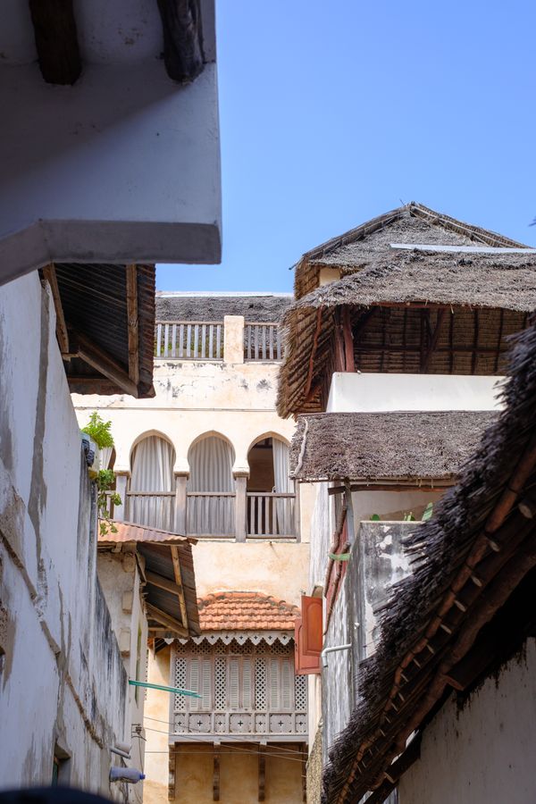 Balconies off an alley, Lamu