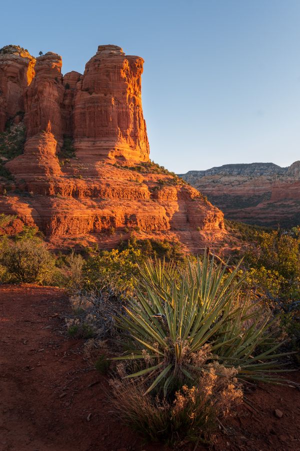 Two lit buttes, morning